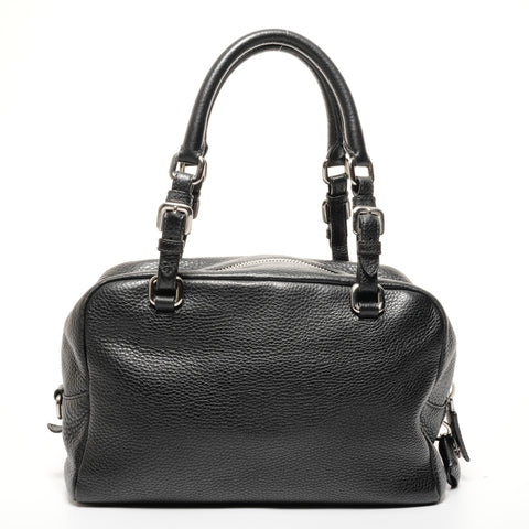 PRADA Logo Embossed Silver Metal Boston Vitello Dino Shoulder Bag black WS25649