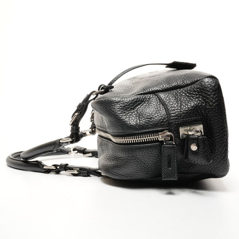 PRADA Logo Embossed Silver Metal Boston Vitello Dino Shoulder Bag black WS25649