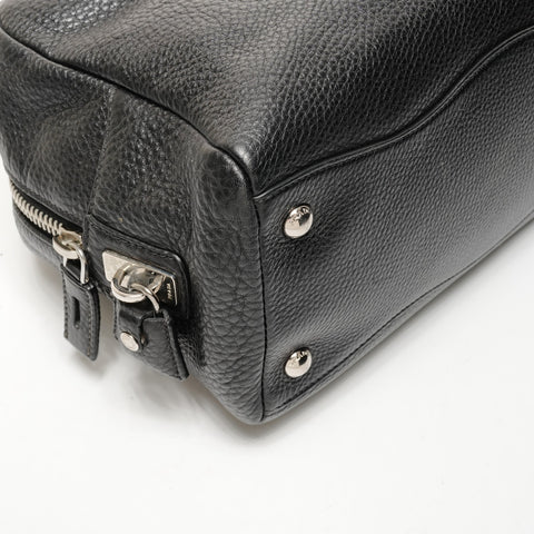 PRADA Logo Embossed Silver Metal Boston Vitello Dino Shoulder Bag black WS25649