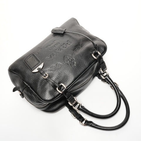 PRADA Logo Embossed Silver Metal Boston Vitello Dino Shoulder Bag black WS25649