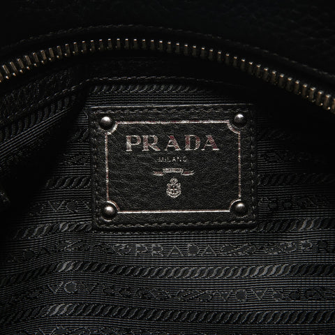 PRADA Logo Embossed Silver Metal Boston Vitello Dino Shoulder Bag black WS25649