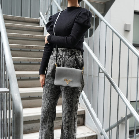 PRADA Leather flap Shoulder Bag gray WS25651