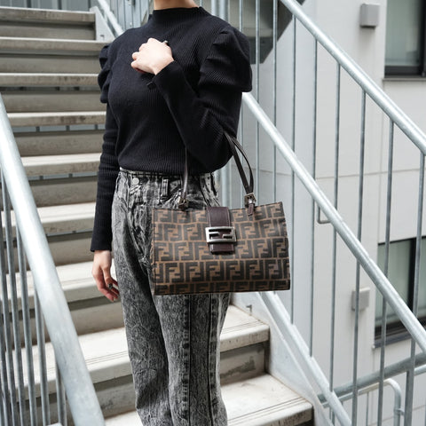 FENDI Canvas Zucca Mamma Bucket Tote Bag Brown WS25653