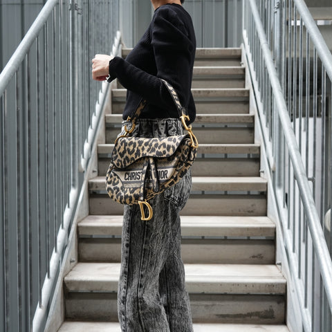 Christian Dior Leopard canvas saddlebag Shoulder Bag black WS25655
