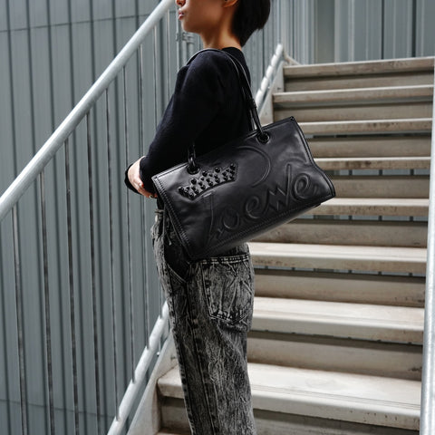 LOEWE Logo Leather Tote Bag Shoulder Bag black WS25660