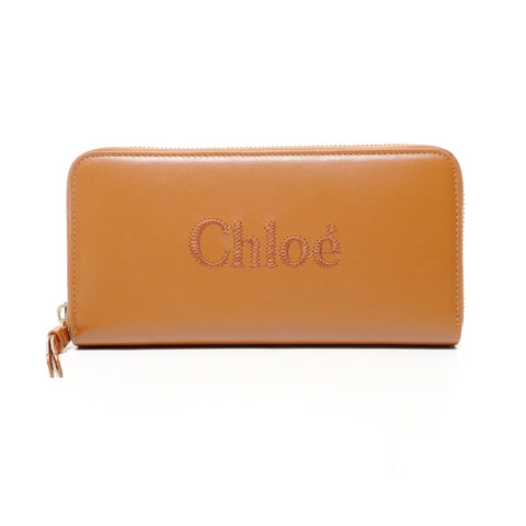 Chloe Leather Round Zip Logo Purse Brown WS25668