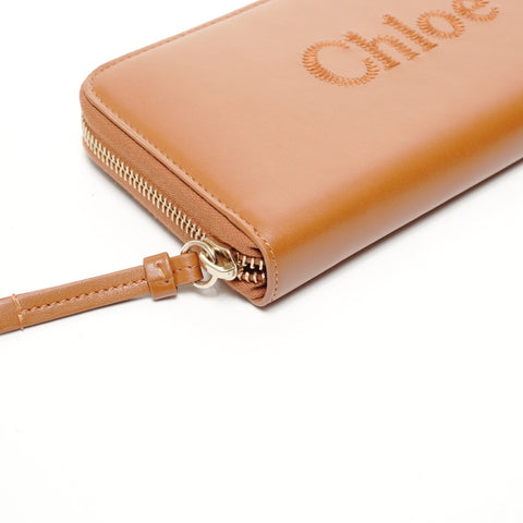 Chloe Leather Round Zip Logo Purse Brown WS25668