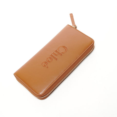 Chloe Leather Round Zip Logo Purse Brown WS25668