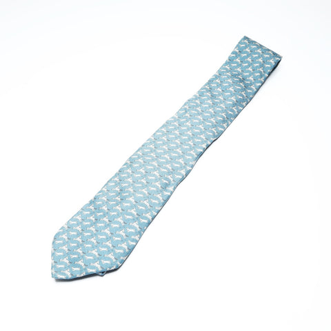 HERMES Horse and rabbit print silk tie blue WS25771