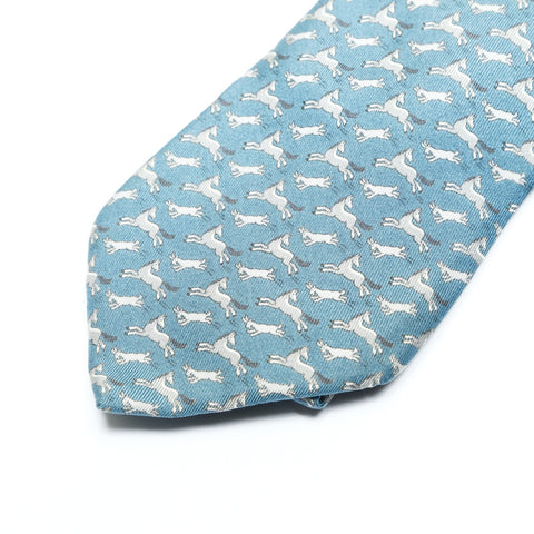 HERMES Horse and rabbit print silk tie blue WS25771