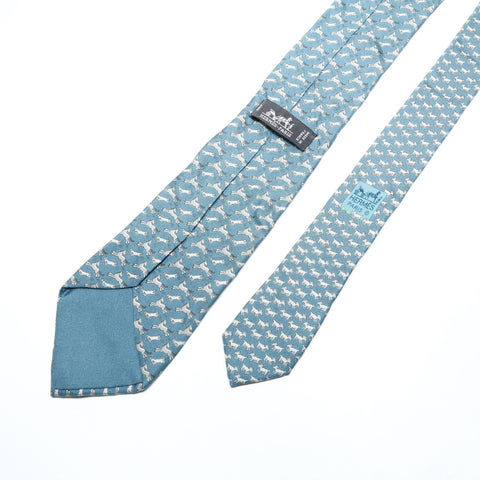 HERMES Horse and rabbit print silk tie blue WS25771