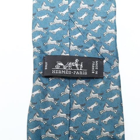 HERMES Horse and rabbit print silk tie blue WS25771