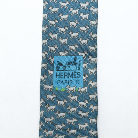 HERMES Horse and rabbit print silk tie blue WS25771