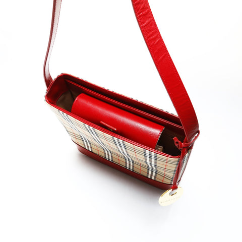 BURBERRY Nova check cotton leather red one belt Shoulder Bag beige WS25781