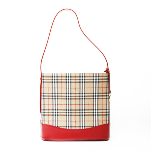 BURBERRY Nova check cotton leather red one belt Shoulder Bag beige WS25781