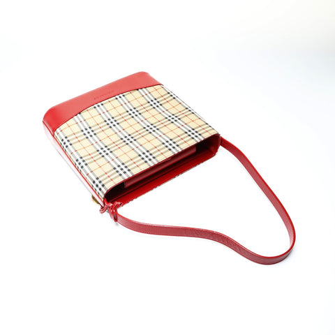 BURBERRY Nova check cotton leather red one belt Shoulder Bag beige WS25781