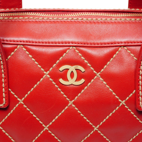 CHANEL No. 8 Lambskin Wild Stitch Boston Bag 2003-2004 Handbag Red WS25842