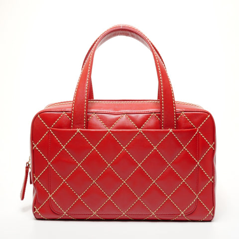 CHANEL No. 8 Lambskin Wild Stitch Boston Bag 2003-2004 Handbag Red WS25842
