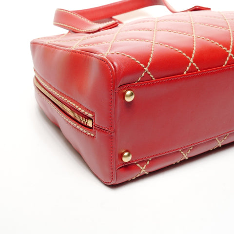 CHANEL No. 8 Lambskin Wild Stitch Boston Bag 2003-2004 Handbag Red WS25842