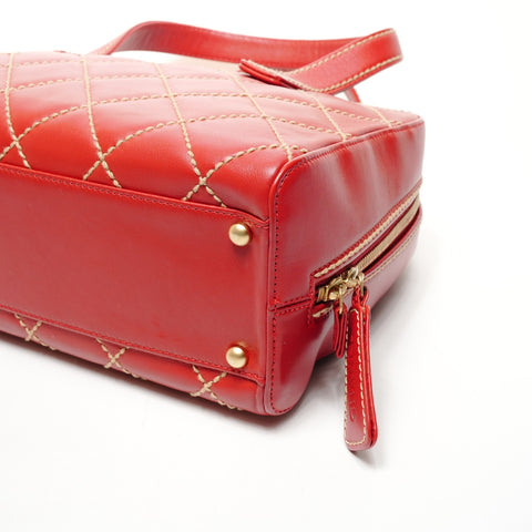 CHANEL No. 8 Lambskin Wild Stitch Boston Bag 2003-2004 Handbag Red WS25842