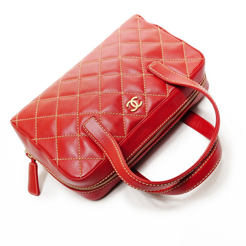 CHANEL No. 8 Lambskin Wild Stitch Boston Bag 2003-2004 Handbag Red WS25842