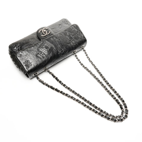 CHANEL Icon Motif 9.8" Flap Leather Shoulder Bag black WS25845