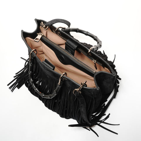 GUCCI Fringe Suede Bamboo 2way Handbag black WS25850