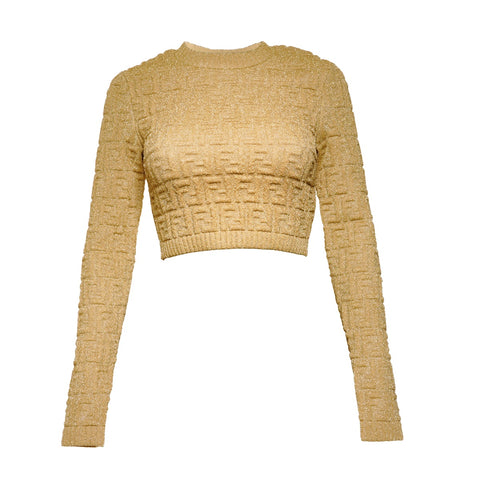 FENDI 38 Gold Embossed Knit Rayon Cropped Metallic Long sleeve shirt gold WS25867