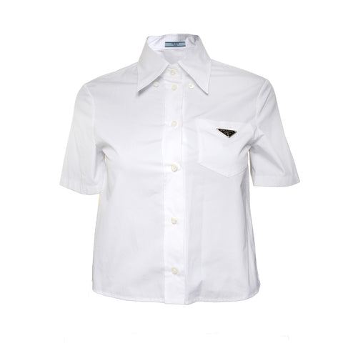 PRADA Poplin shirt P419G with chest pocket and triangle logo, size 36, cotton Short sleeve shirt white WS25868