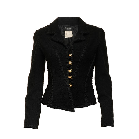 CHANEL 36 93A 1993 Tweed COCO Mark Button Wool Jacket black WS25893