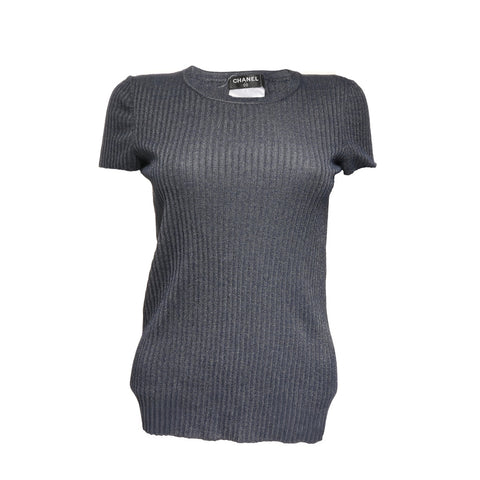 CHANEL COCO Mark 38 Rib Knit Cashmere Lamé Short Sleeve Shirt P37482 knit Navy WS25896