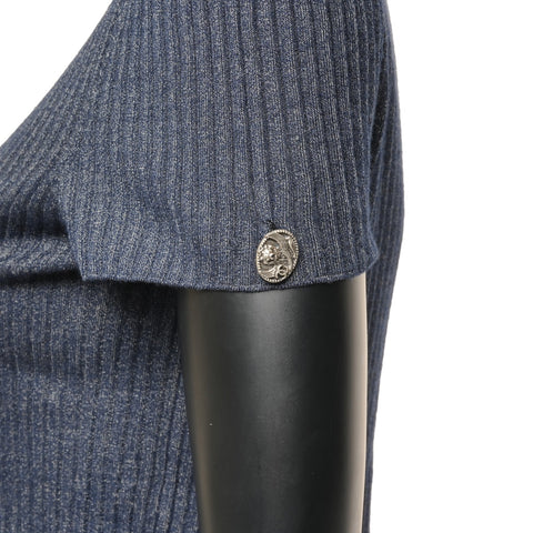 CHANEL COCO Mark 38 Rib Knit Cashmere Lamé Short Sleeve Shirt P37482 knit Navy WS25896