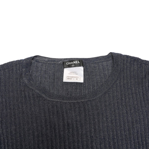 CHANEL COCO Mark 38 Rib Knit Cashmere Lamé Short Sleeve Shirt P37482 knit Navy WS25896