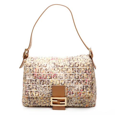 FENDI Zucchino Canvas Mamma Bucket Flower One Belt Shoulder Bag Brown WS25915