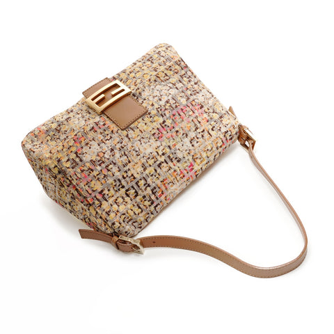 FENDI Zucchino Canvas Mamma Bucket Flower One Belt Shoulder Bag Brown WS25915