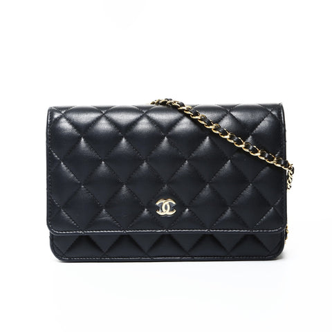 CHANEL Lambskin Matelasse Chain Wallet with IC Plate Shoulder Bag black WS25979