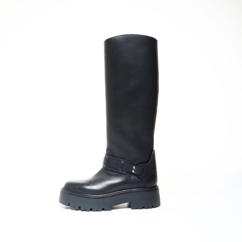 CELINE Long boots, leather, logo, bulky harness, size 38, 9.8 inches, thick sole, flat boots black WS25982