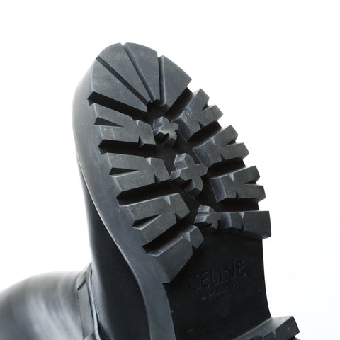 CELINE Long boots, leather, logo, bulky harness, size 38, 9.8 inches, thick sole, flat boots leather black WS25982