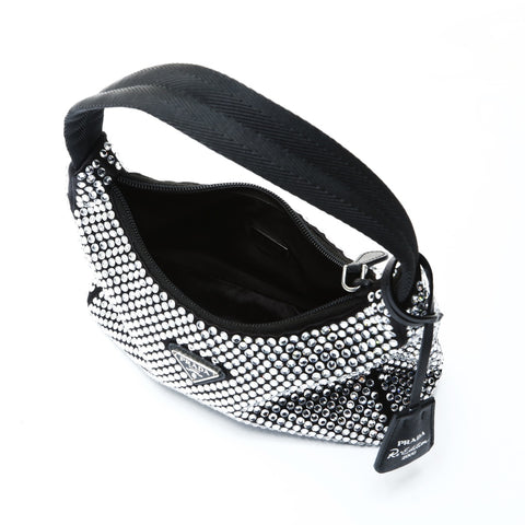 PRADA Crystal Satin Mini Hobo Bag Shoulder Bag black WS26021