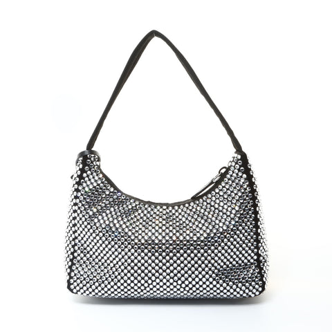 PRADA Crystal Satin Mini Hobo Bag Shoulder Bag black WS26021