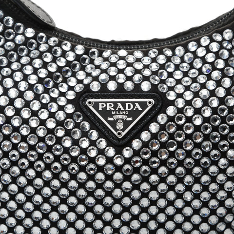 PRADA Crystal Satin Mini Hobo Bag Shoulder Bag black WS26021