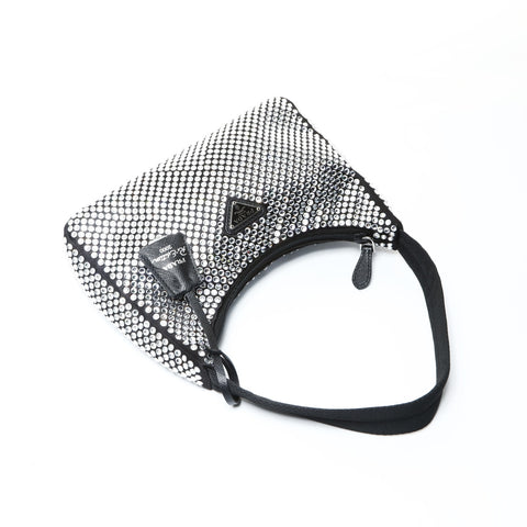 PRADA Crystal Satin Mini Hobo Bag Shoulder Bag black WS26021