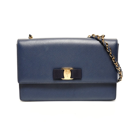 Salvatore Ferragamo Vara 皮革链条单肩包海军蓝 WS26124