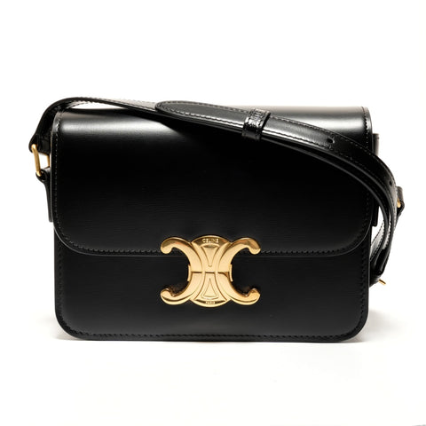 CELINE Teen Triomphe Leather and Shining Calfskin Camera Bag Shoulder Bag black WS26217