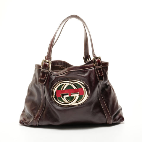 GUCCI Leather New Brit G Interlocking Shoulder Bag Brown WS26225