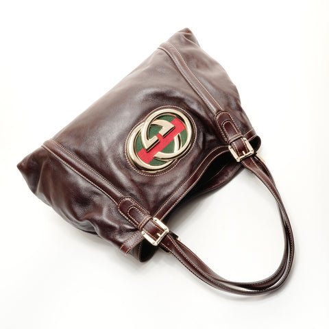 GUCCI Leder New Brit G Interlocking Umhängetasche Braun WS26225