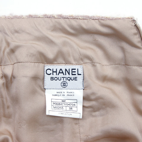 シャネル CHANEL ツイード スパンコール スーツ スカート セットアップ Size:38 1996s Vintagw ココマーク ボタン定番 ベージュ×パープル WS2624