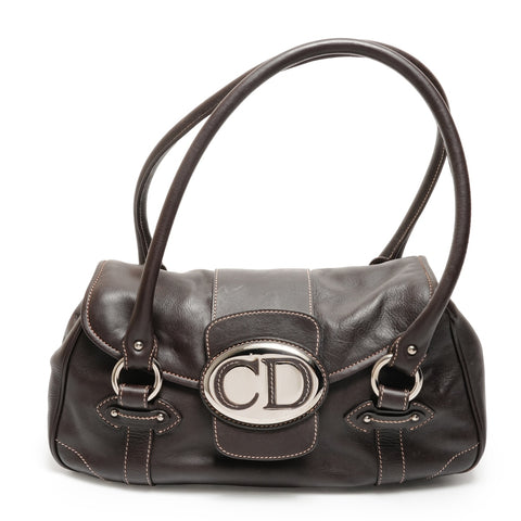 Christian Dior Leather logo plate Shoulder Bag Brown WS26333