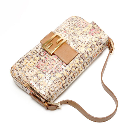 FENDI Zucchino Mamma Bucket Flower One Belt with Sequins Shoulder Bag Brown WS26363