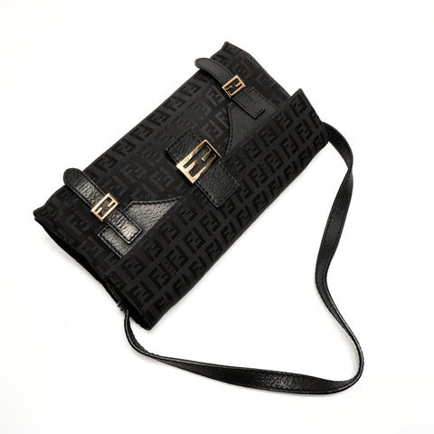 FENDI Zucchino logo Metal Gold Shoulder Bag black WS26380